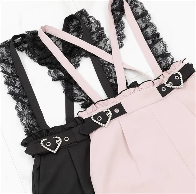 Spring and Summer New Suspender Pants Slimming Japanese Style Loose Casual Shorts Cute Lace Edge Belt Overalls Shorts