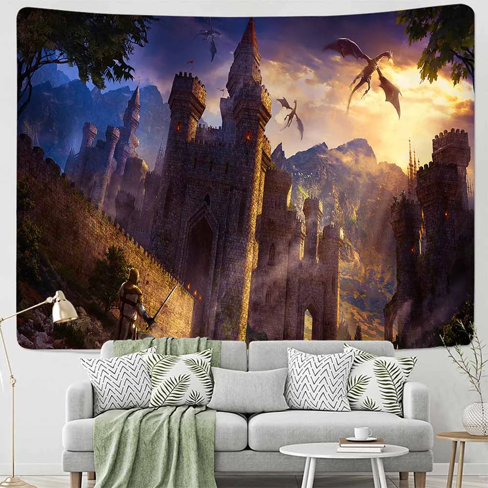 

Harries Potters Castle Wall Hanging Tapestry Nature Art Castle Bird Psychedelic Carpet Magical Forest Tree Large Size Home Decor