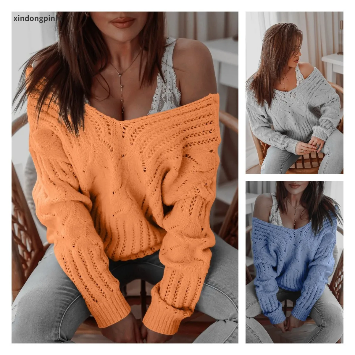 

2022 Autumn Winter V-Neck Sexy Knited Pullover woman sweaters Solid Casual basic dropshipping sweater Tops
