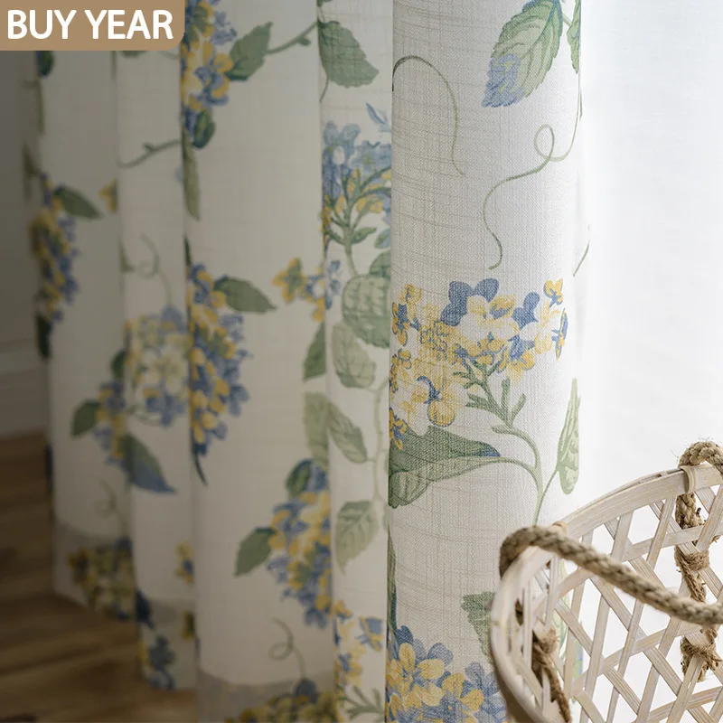 

American Curtains for Living Dining Room Bedroom Garden Hydrangea Fresh Cotton and Linen Fabric Curtains Window Tulle Curtains