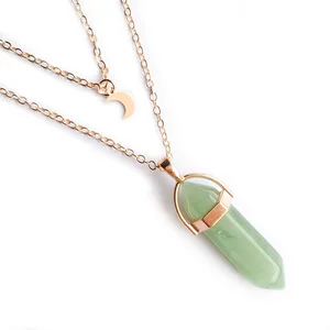 Natural Stone Green Aventurine Pointed Hexagonal Pendant Layered Crystal Moon Necklace Gold Chain Choker Jewelry for women Girl