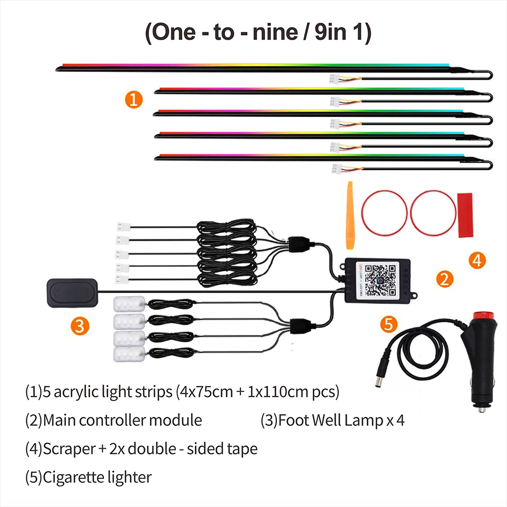 

Полноцветный стример, автомобильное окружающее освещение RGB, 65 цветов, универсальный светодиодный интерьер, скрытая акриловая RGB-лента, симфоническая атмосферная лампа
