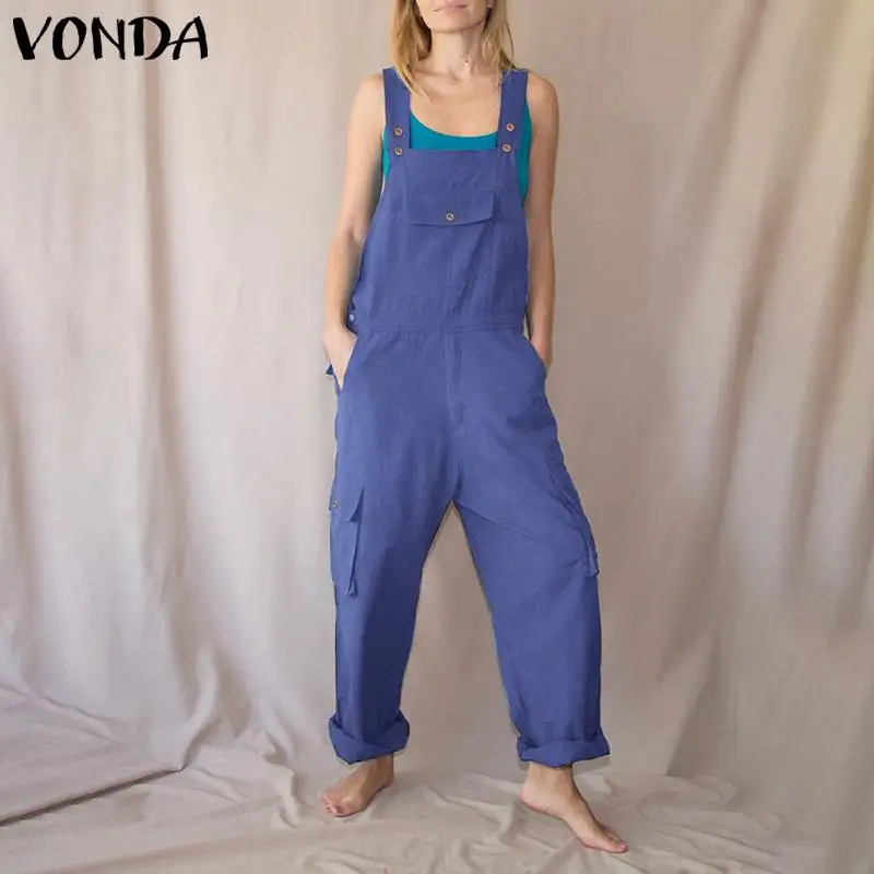 

VONDA Women Vintage Sleeveless Long Jumpsuits Suspende Office Pants Casual Loose Overalls Female Solid Party Playsuits Oversized