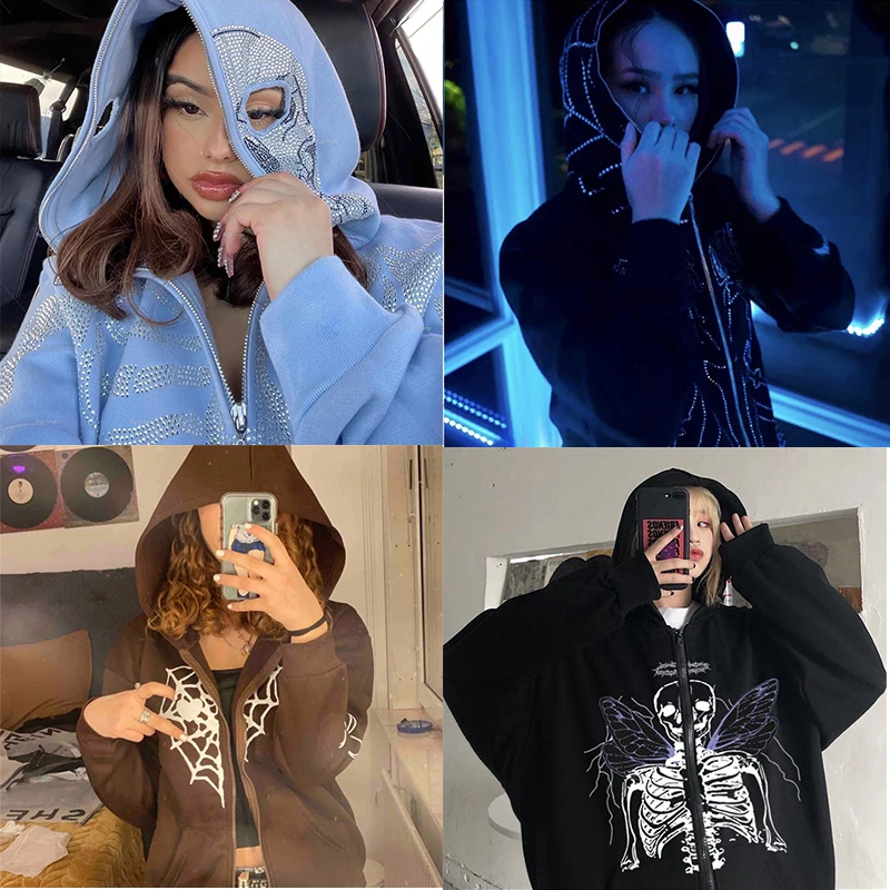 

Hip Hop Zip Up Hoodie Vintage Rhinestone Skeleton Graphic Print Long Sleeve Oversized Sweatshirts Women Autumn Y2k Streetwear