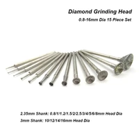 15pcs 0 8 16mm flared diamond grinding head mounted point bits burrs engraving polishing abrasive tool 2 353mm shank for dremel