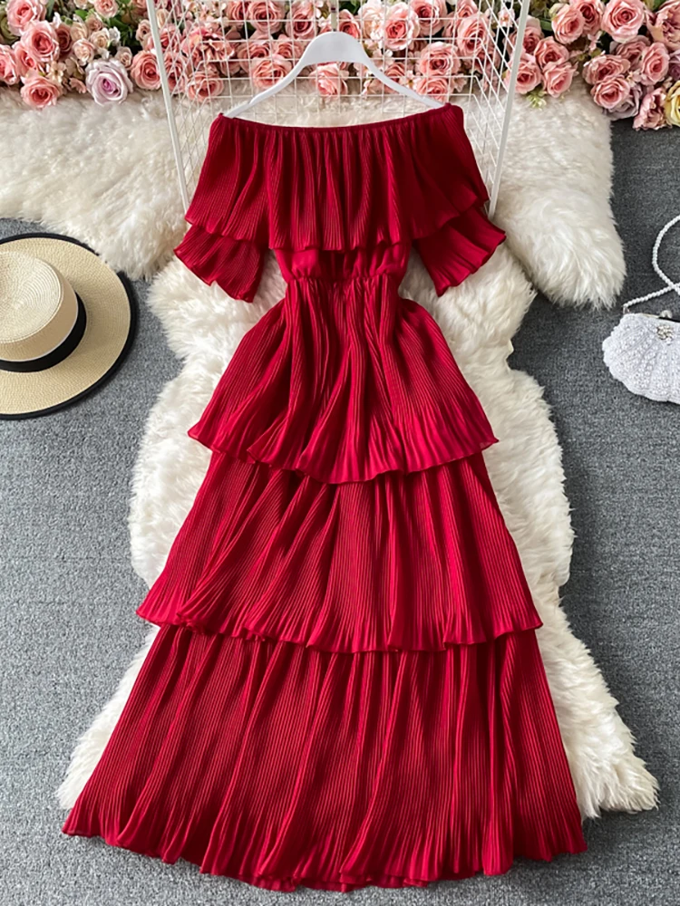 

Женское вечернее платье миди с открытыми плечами, красное/фиолетовое/оранжевое платье с каскадными оборками и вырезом лодочкой, Новинка ос...