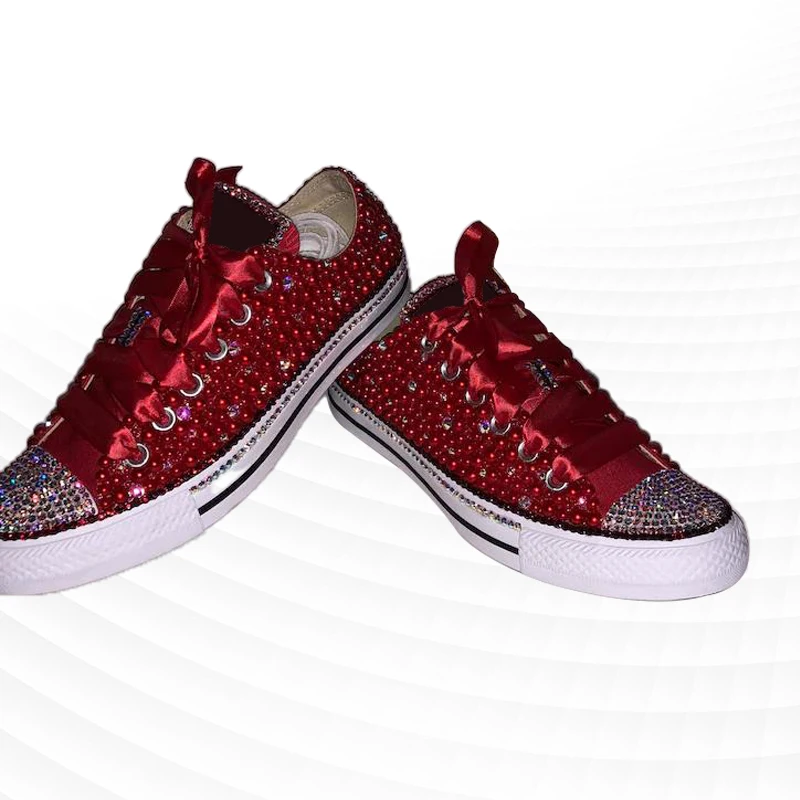 

Spring and autumn new fashion red pearl rhinestones design sense of the trend ribbon all low-top canvas shoes popular comfortabl