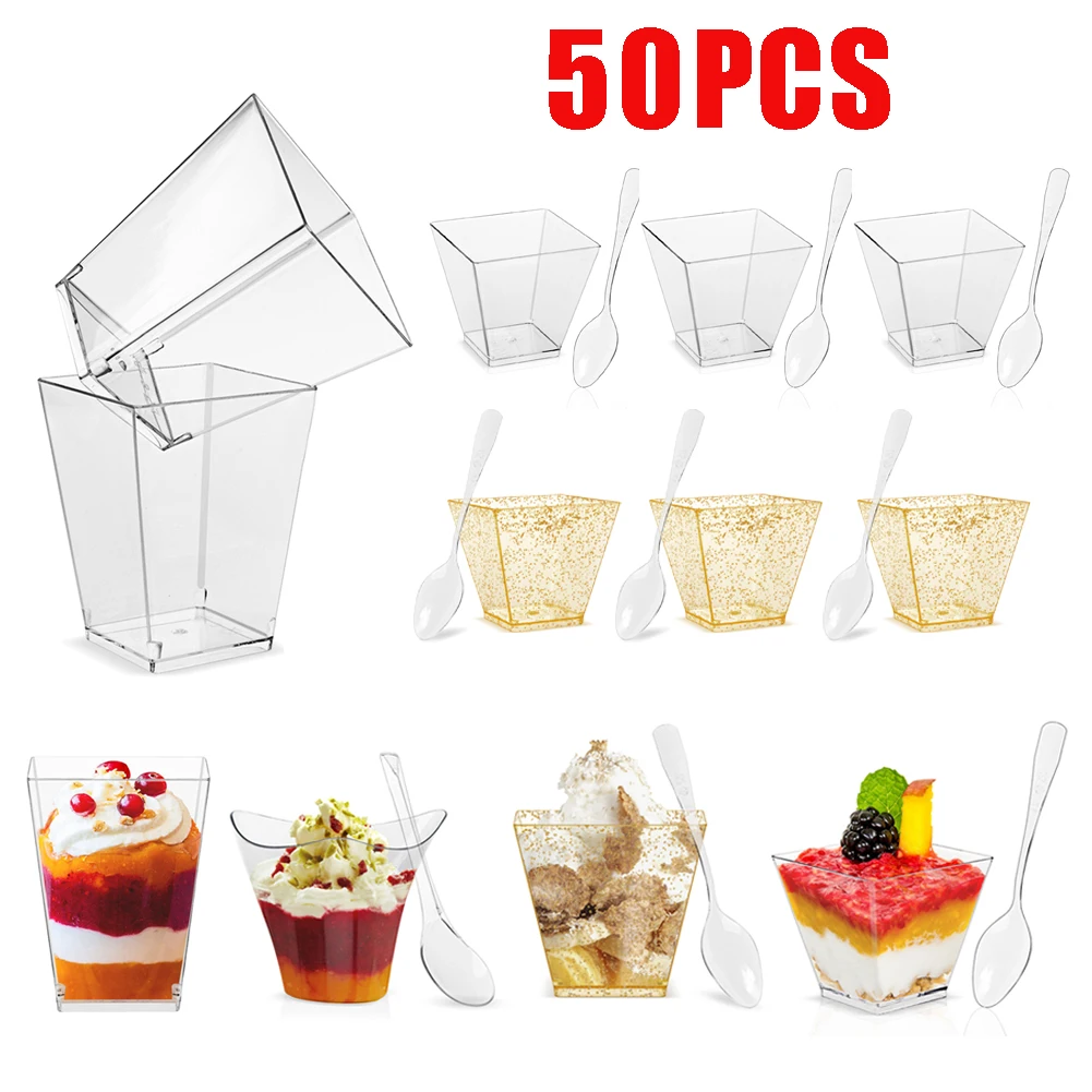 50pcs Disposable Plastic Dessert Cups Portion Transparent Dessert Ice Cream Cup Home Christmas Party Bar Christmas Supplied