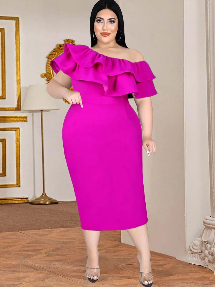 

Plus Size Women Dress Off Shoulder Fuchsia One Shoulder Sleevless Gowns Ruffle Sexy Bodycon Midi Dress Evening Party Summer New