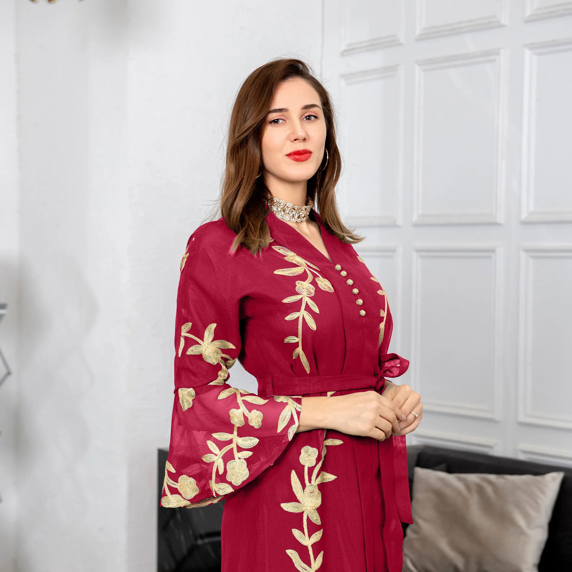 Women's Autumn Sundress Fashoin Muslim Ruffle Dress 2023 Casual Patchwork Puff Sleeve Maxi Vestidos Female Button Robe
