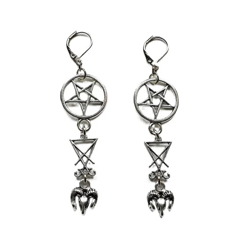 

Goth Inverted Pentagram Sigil of Lucifer Ram Goat Head Earrings Drop Set Statement Fashion Grunge Punk Rock Jewelry Women Gift