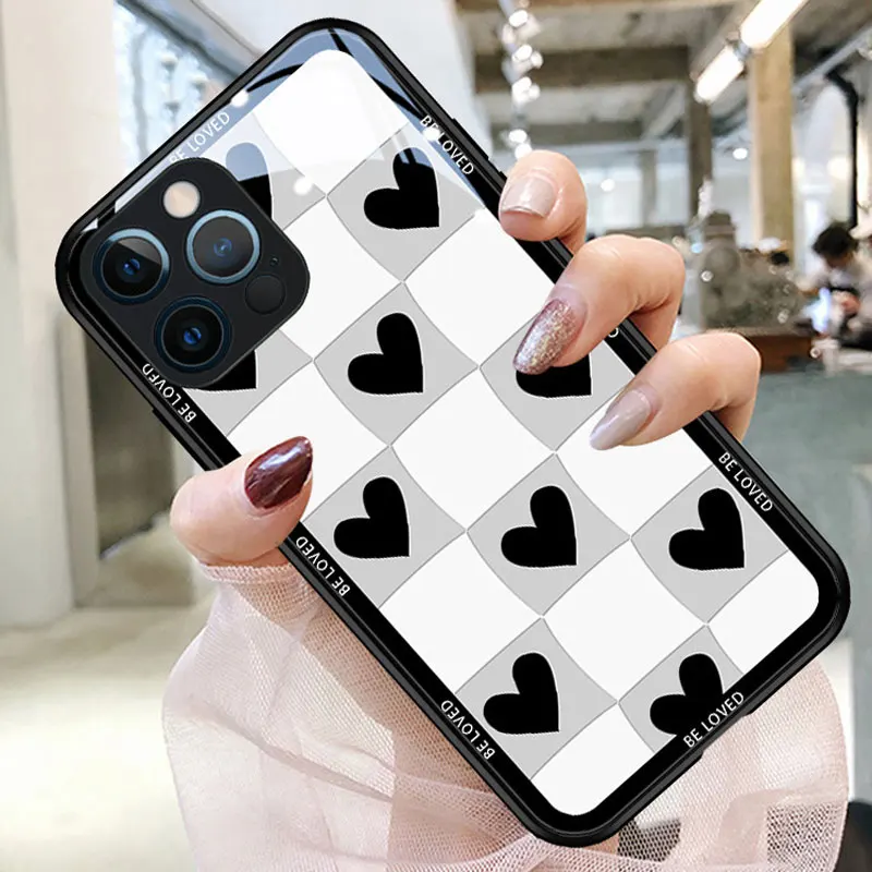 

Black and white checkerboard for iPhone 13pro phone case love iPhone12pro max glass shell Fine hole lens all-inclusive soft edge