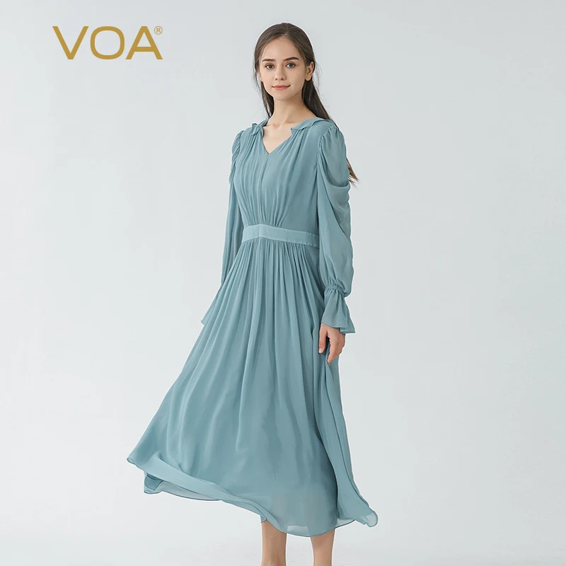 

VOA Clear Sky Blue Double Layer Georgette Mulberry Silk Lotus Leaf Lace V-neck Flared Long-sleeved Waist Sweet Silk Dress AE1658