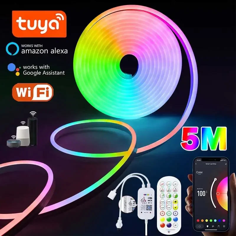 Неоновая лента Tuya WiFi DC5V RGB светодиодная работает 1 м 2 3 4 5 Приложение/Smart Life для