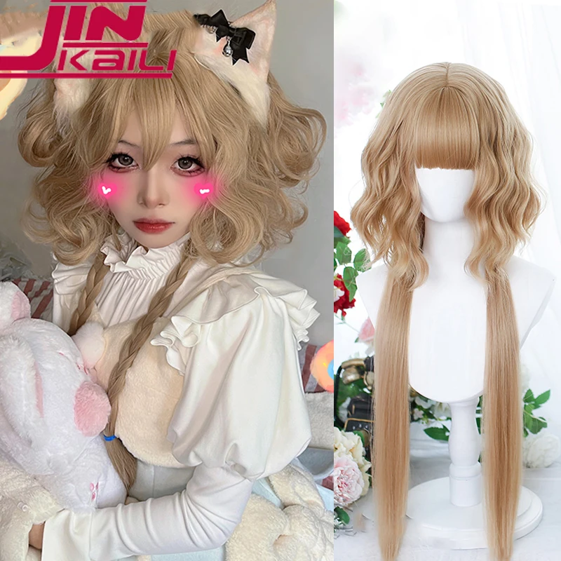 

JINKAILI 75cm Synthetic Long Wavy Curly Cosplay Wig With Bang White Blonde Cute Lolita Wig Women Halloween Cosplay Wig Female