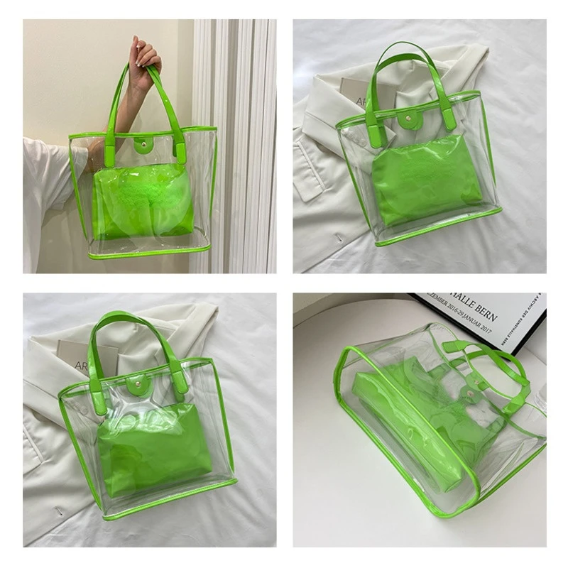 PVC Laser Aurora Transparent Jelly Bag Large Capacity Laser Clear Son-Mother Travel Tote 2pcs/set Casual PVC Women Jelly Handbag