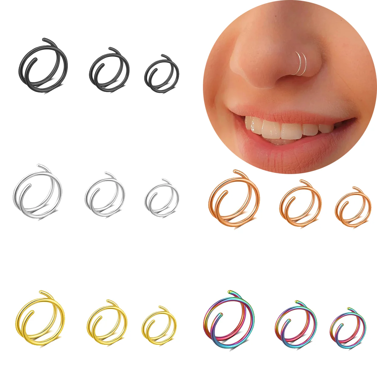 

3Pcs/set Double Hoop Nose Ring for Single Piercing Spiral Nose Ring Double Nose Hoops for Women 8mm 20G Nostril Piercing Jewelry