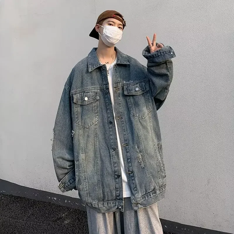 2023 American Style Vintage Denim Jacket For Men Spring Autumn Trendy Brand Washing Gradient Street Clerks Versatile |