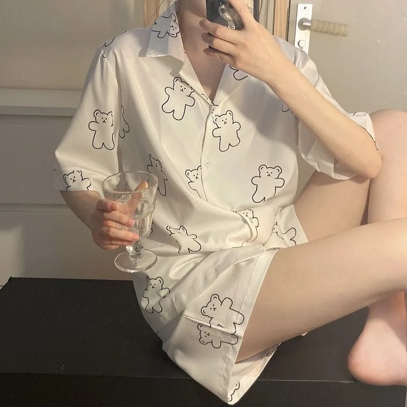 

Print Kawaii Pyjamas Japanese 2022 Women Home Teen Pijamas Turndown Collar Bear Girls Pajama Set Sleepwear Clothes Summer