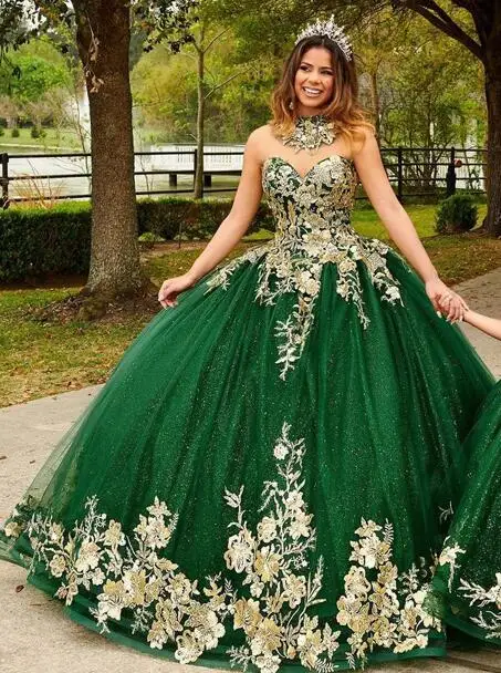 ANGELSBRIDEP Green Beading Quinceanera Dress Ball Gown Off The Shoulder Gold Appliques Lace Pageant Birthday Party Sweet 15