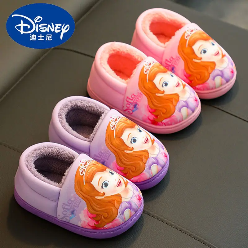 Disney Winter Children's Cotton Slippers Princess Sofia the First Warm Non-slip Fur Pink Home Shoes Size 24-40