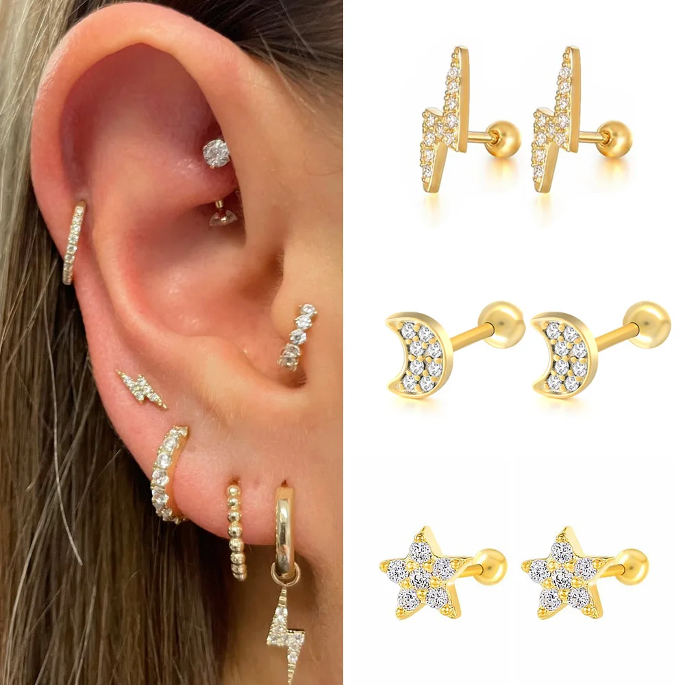 Tragus Lobe Piercing Stud Earrings For Women Stainless Steel Zircon Flat Helix Cartilage Ear Piercing Star Moon Body Jewelry