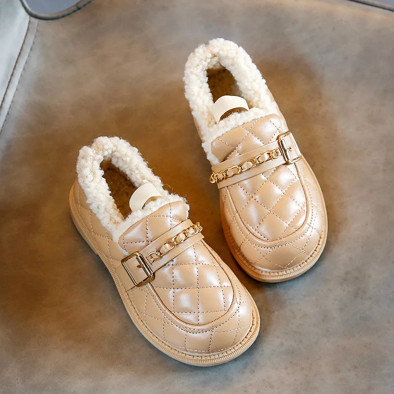 

Nice Kids Shoes Toddler Girls Casual Children Wool Sneakers Fashion Plaid Plush Sneakers 2022 Winter Warm Shoes with Chain