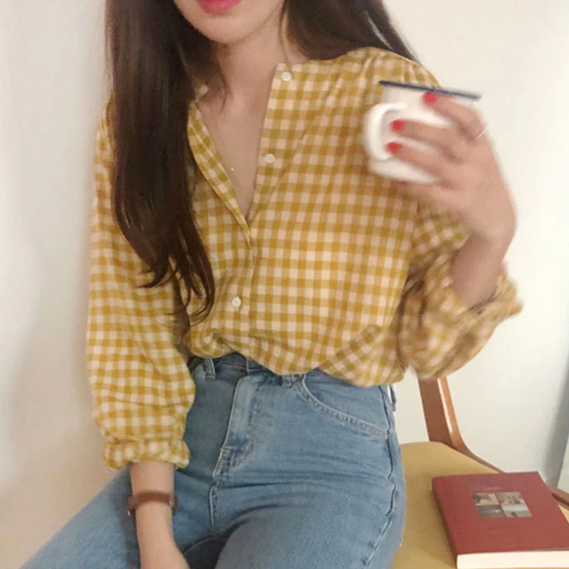 

women t-shirt Contrast collar plaid design Loose and versatile long sleeve shirt Top for women plaid blouse