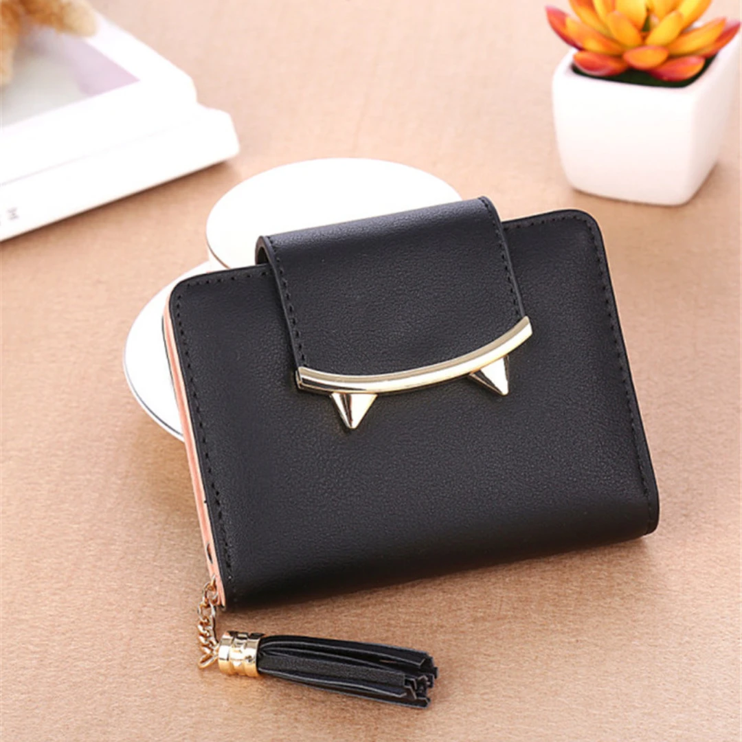 

2023 new Women Wallet Cute Cat Ears Leather Short Tassel Small Day Clutch Trifold Female Purse ID Coin Card Holder Mini Bag