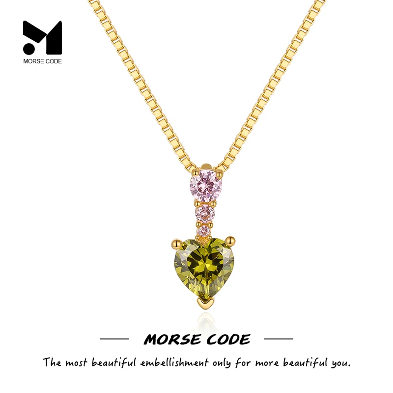 

MC 925 Sterling Silver Apple Green and Pink Zircon Heart Pendant Necklace Gold Chain for Women Clavicle Exquisite Jewelry Gift