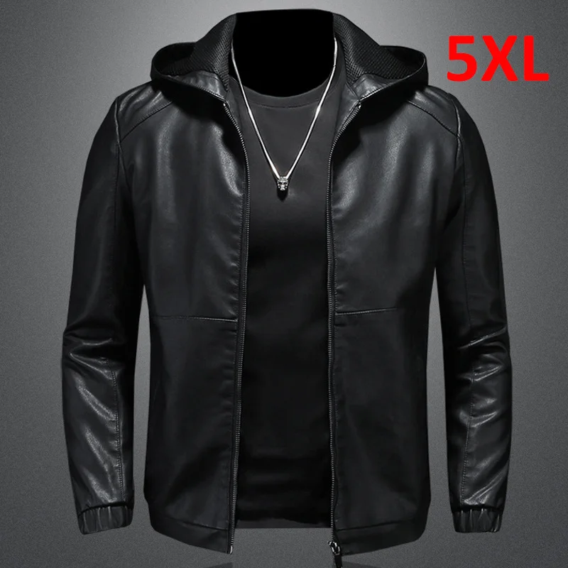 

Hooded s Men Biker Spring Autumn Jacket Male Fashion Casual Black PU Leather Coat Big Size 5XL