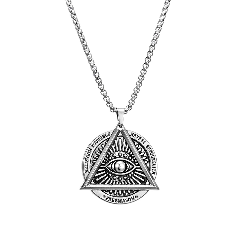 

Vintage Indiana Style Helios Eyes Triangle Round Unisex Titanium Steel Pendant Necklace For Women Men`s Sweater Chain Gifts