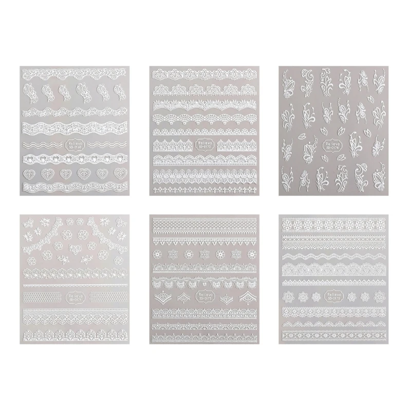 

6 листов белых наклеек для дизайна ногтей Переводные картинки 5D полый узор самоклеящиеся кружевные цветы «сделай сам» Акриловые Декоративные наклейки для ногтей