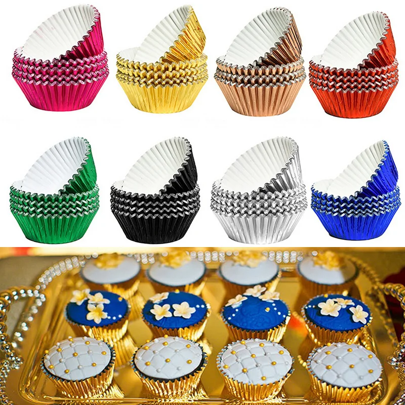 

100Pcs Aluminum Foil Paper Cupcake Liners Baking Paper Cup Black Tulip Pure Color Baking Muffin Cup Cake Wrappers Case Holder