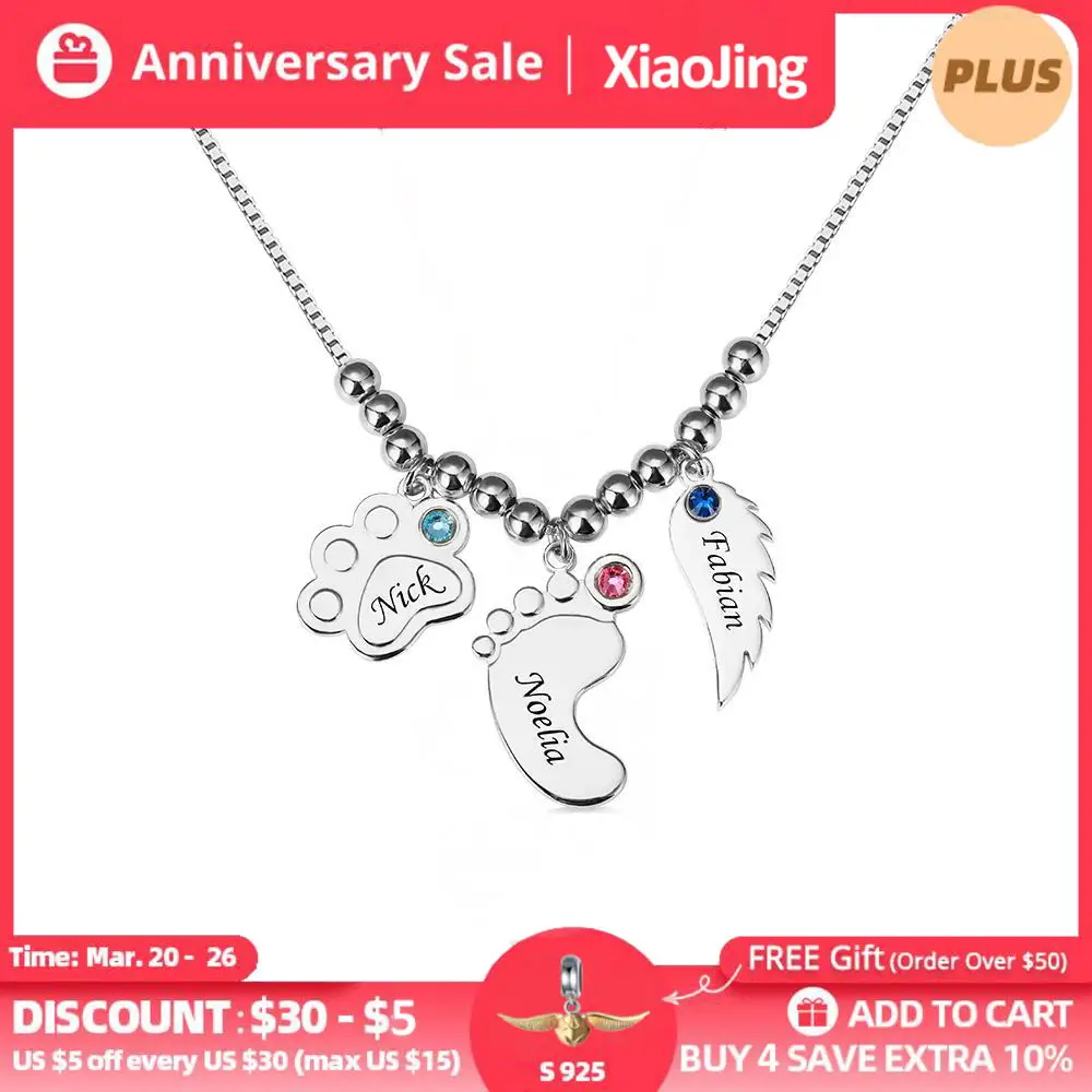 

Personalized Paw Print & Baby Feet & Angel Wing Necklace With Birthstone&Name 925 Sterling Silver Pendant Jewelry Gift for Women
