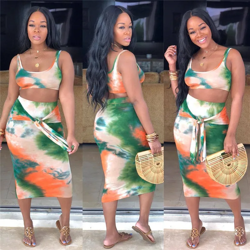 Summer 2 Piece Set Women 2022 Crop Top T Shirt and Bodycon Skirt Tie Dye Print Sexy Two Dress Outfits for |