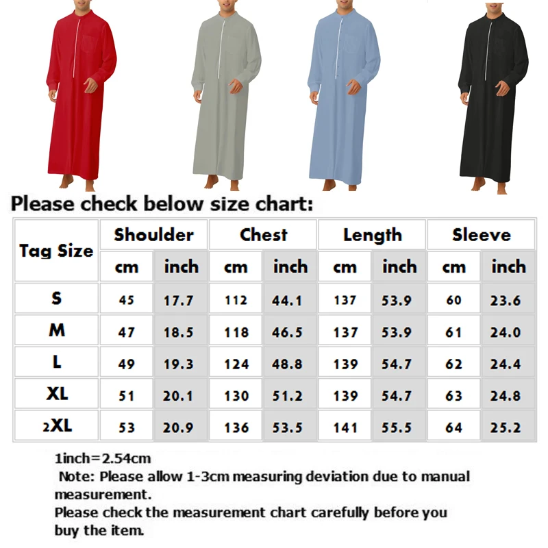 Men's Abaya Muslim Robes Middle East Arab Jubba Thobe Kaftan Prayer Dress Solid Color Long Sleeve Loose Gown Islamic Clothes