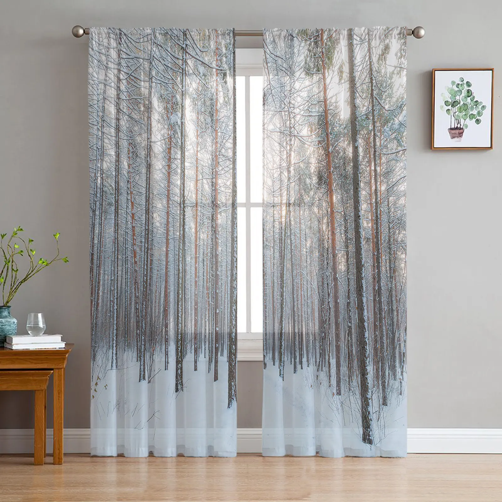 

Deep Forest Snow Scene Tulle Curtains for Living Room Drapes Window Sheer Modern Curtains for Bedroom Decor