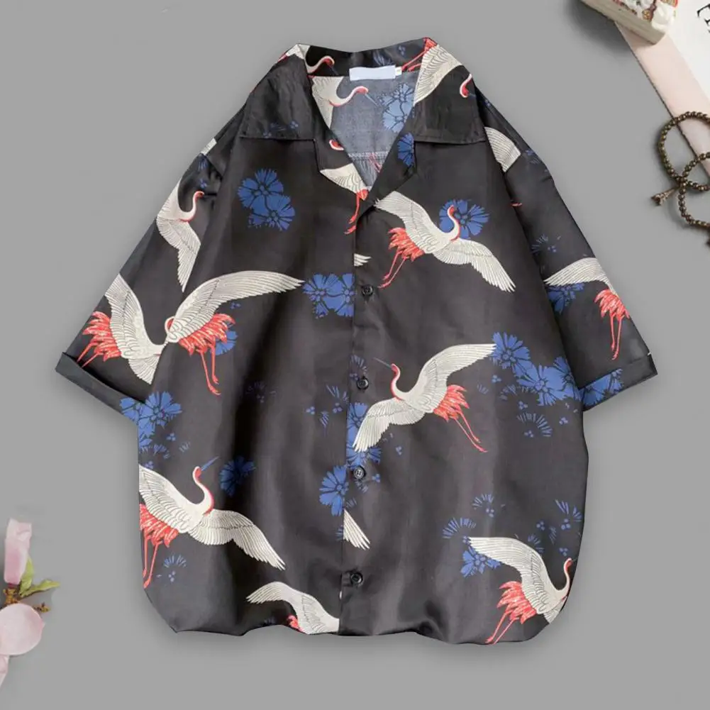 

Hawaiian Shirt Lapel Summer Shirt Casual Crane Print Holiday Shirt Top
