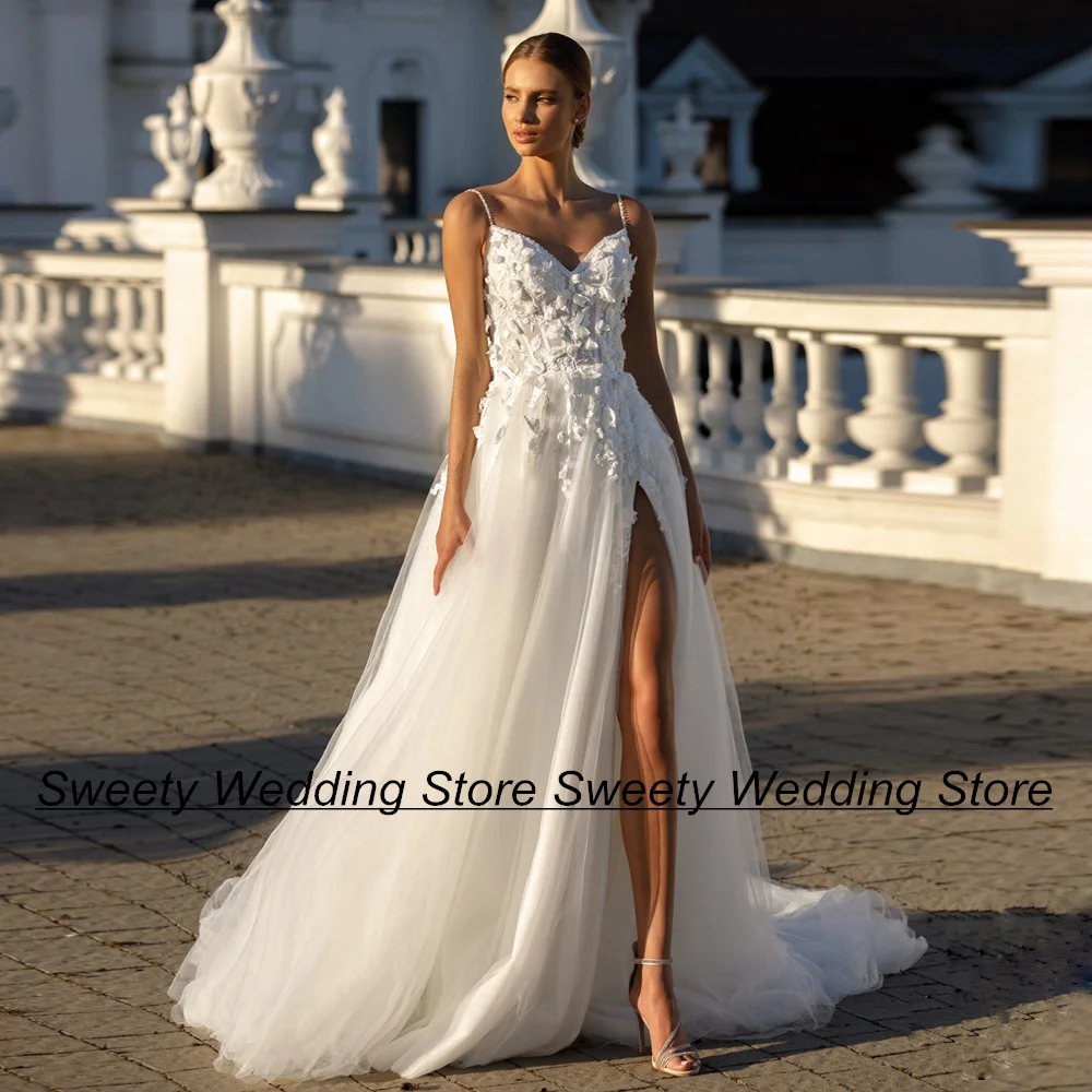 

Женское свадебное платье Jiayigong, фатиновое платье на тонких бретельках с V-образным вырезом, аппликацией и 3D цветами, с блестками и высоким разрезом, свадебное платье