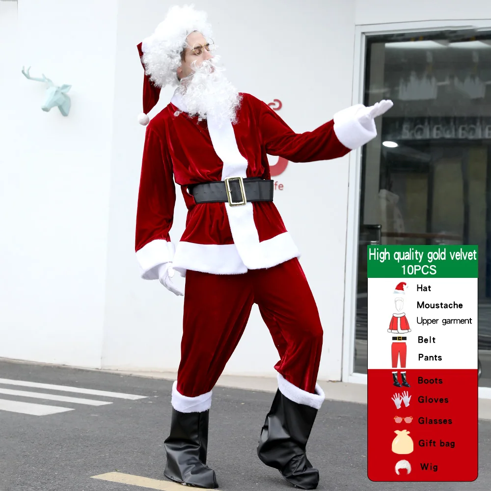 

10pcs Set Santa Claus Suit Adult Christmas Cosplay Costume Red Deluxe Velvet Fancy Dress Xmas Party Man Cape 3XL-6XL