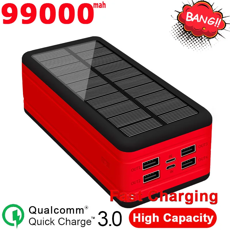 

99000mAh Solar Power Bank Large Capacity Portable Charger 2USBcellphone Battery Outdoor Waterproof Power Bank for Xiaomi Samsung