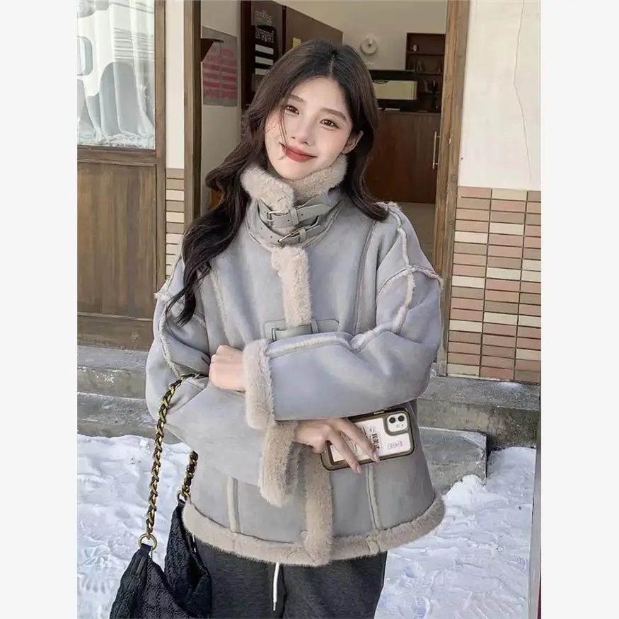 Haze Blue Lamb Wool Верхняя одежда Женская зимняя популярная высококачественная