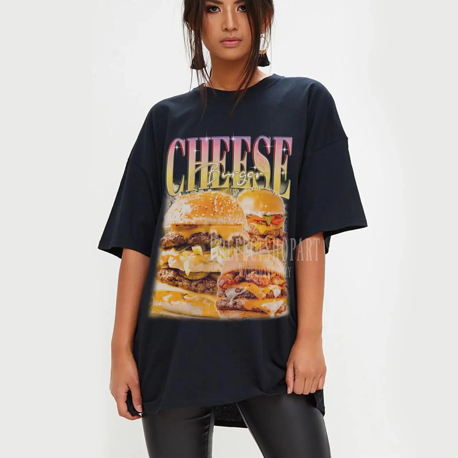 Фото Футболка RETRO Cheeseburger Y2K с забавным мемом о еде для любителей еды, винтажная, с эффектом потертости, слегка дышащая, универсальная, для него и для нее. №1