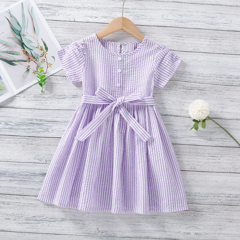 

Лето 2022 г.; Новая модная юбка принцессы с поясом для маленьких девочек Полосатое платье на шнуровке с бантом одежда для маленьких девочек