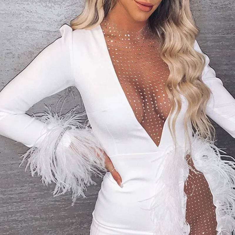 Women's Sexy V-neck Mesh Diamond Feather Long Sleeve Bodycon Bandage Club Dress Fashion Celebrity Party Cocktail Dresses Vestido