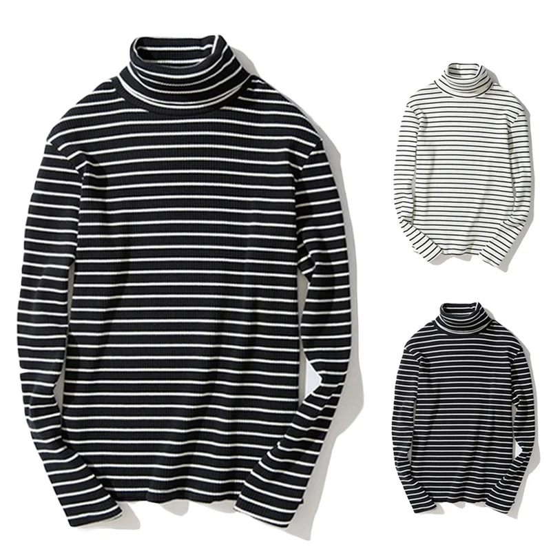 

Men Retro Striped Turtleneck Long Sleeve Pullover T-shirts Base Tee Tops Long Sleeves Vintage Style All-match Fashion