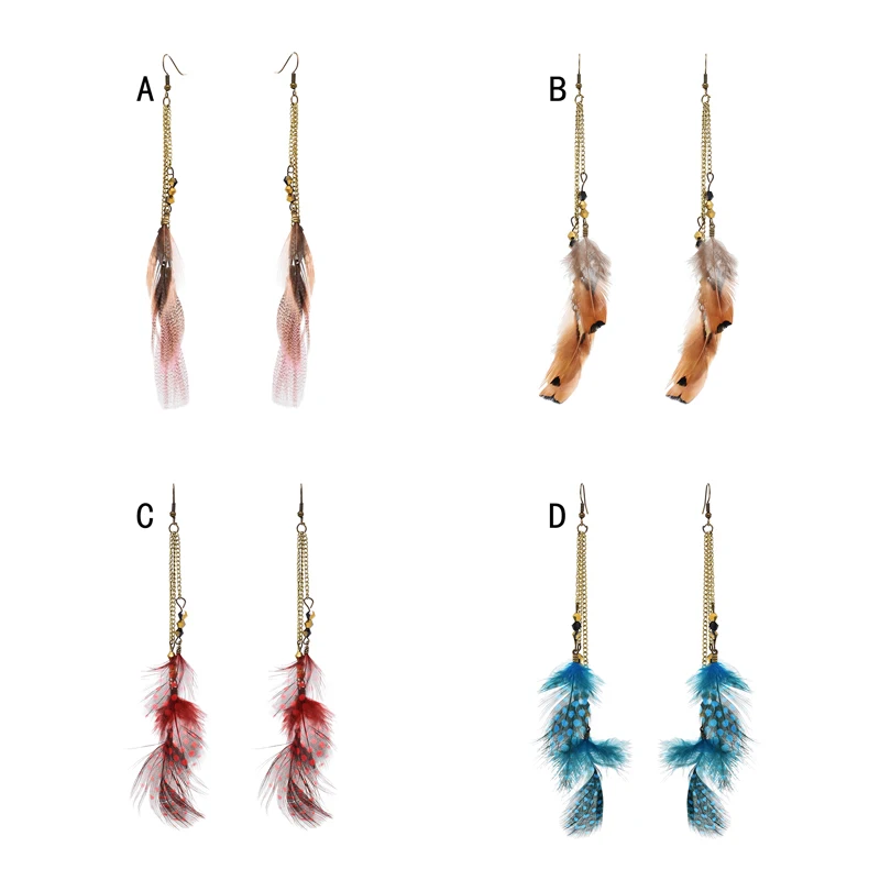 Женские длинные серьги в горошек с кисточками и перьями богемные висячие