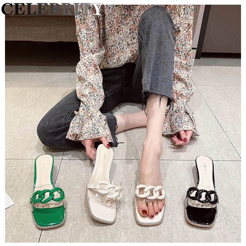 

Fairy Style Sandals and Slippers 2022 Summer New Open-toed Square Head Wear Crystal Square Heel All-match Women's Sandals