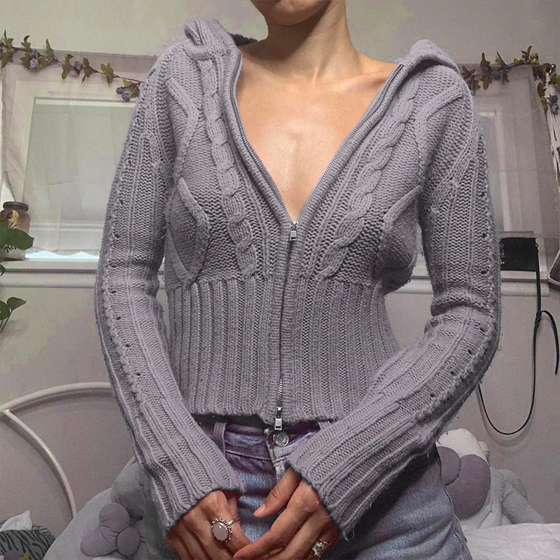 

Preppy Cute Y2K Vintage Kink Knitted Cardigans Autumn Winter Zip Up Sweater Hoodies Chic Retro Grunge Streetwear Women Clothes